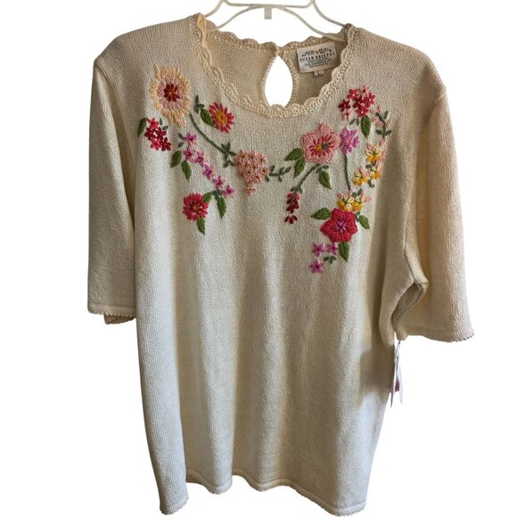 Susan Bristol 1991 Large Knit Top Hand Embroider Floral Keyhole Beige Deadstock - Picture 1 of 8